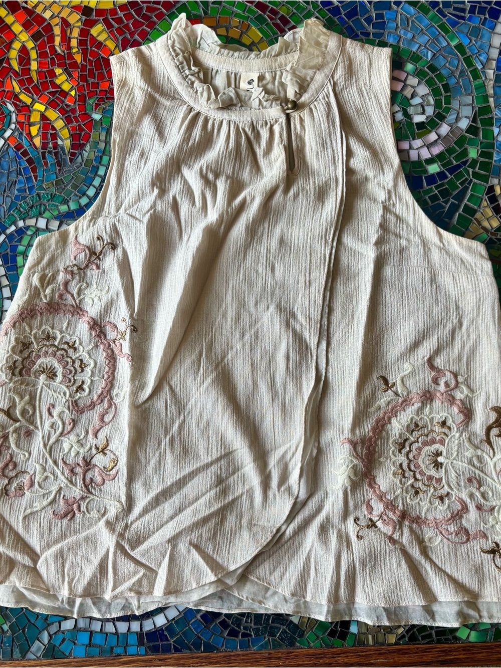 Floreat Sleeveless Cream Embroidered Ruffle Neck Top from Anthropologie